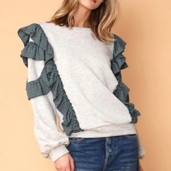 Anthropologie NuRode Gray Pullover Sweatshirt, Boho Green Ruffle Plaid Sleeve SM - Picture 2 of 8
